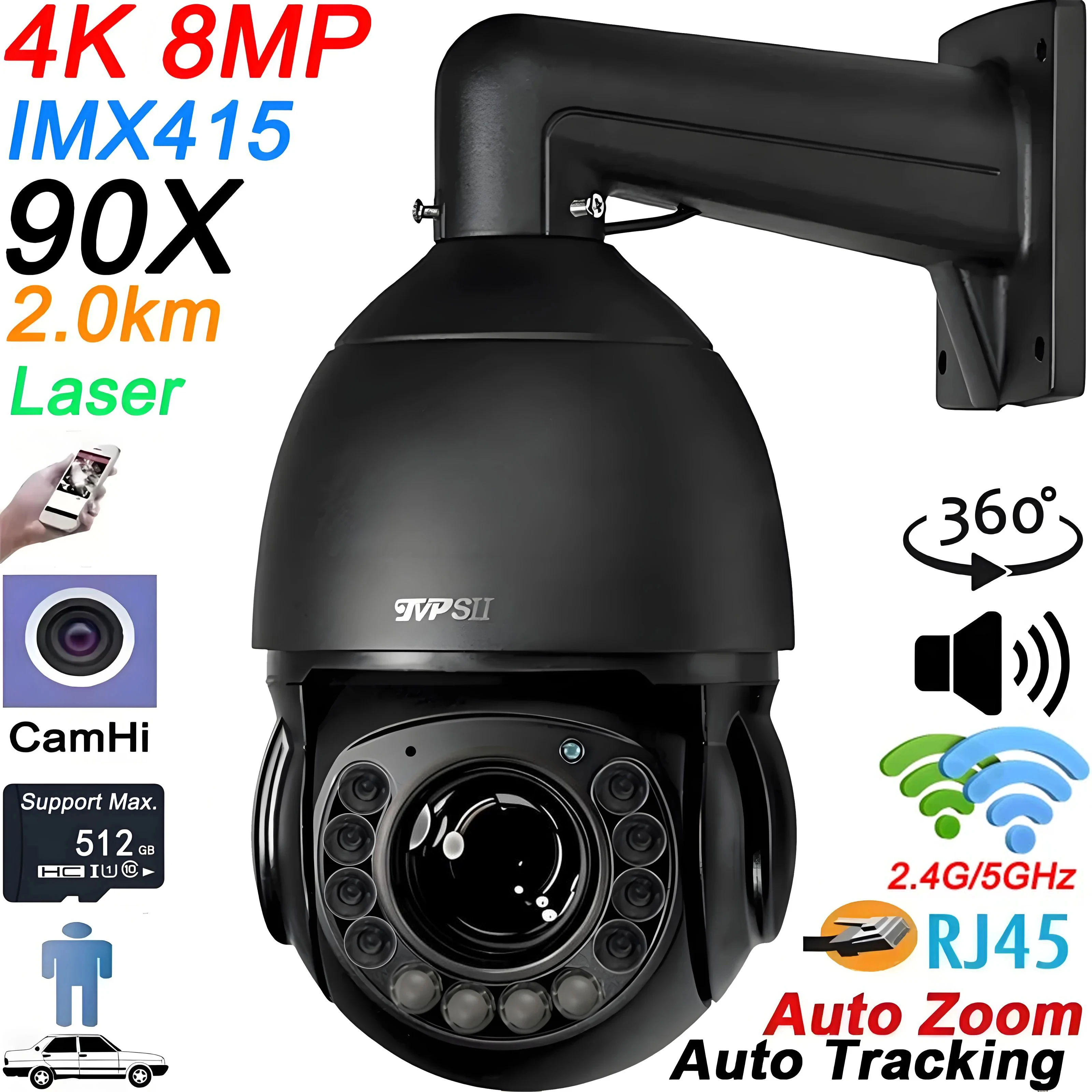 

Laser Infrared Metal Auto Tracking 8mp 4K 90X Optical Zoom 360° Rotation Audio 5.0GHz 2.4GHz WIFI Speed PTZ Doom IP Camera