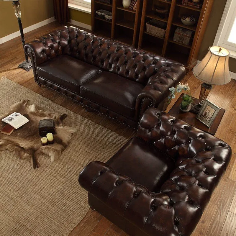 Leather sofa first layer cowhide small apartment living room buckle three-person leather art sofa