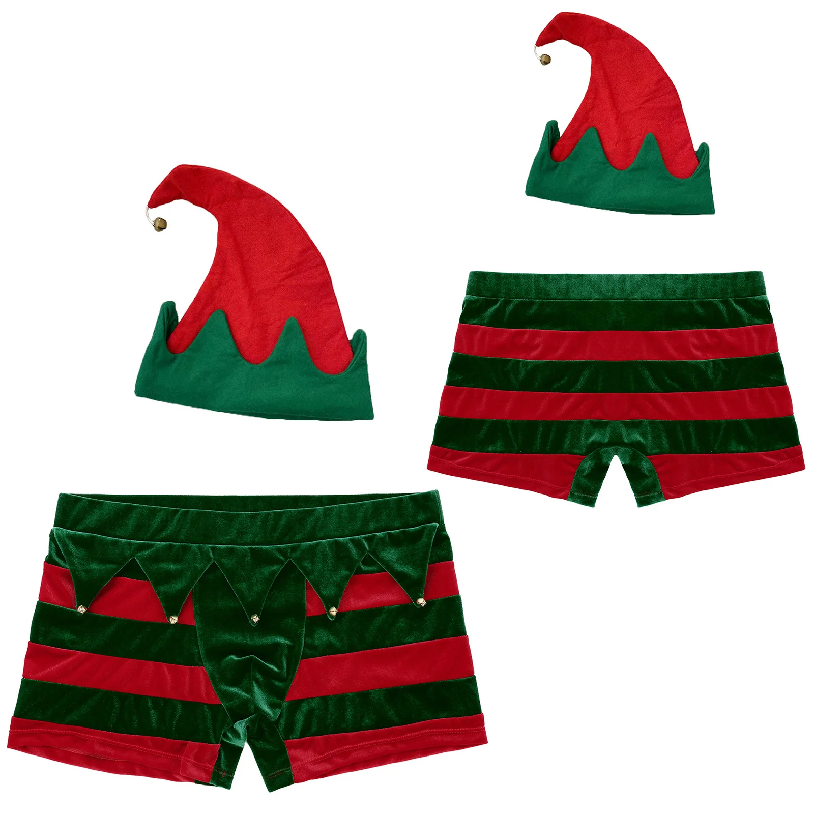 Mens Christmas Holiday Party Role-Playing Costume Underwear Set Waistband Bulge Pouch Bells Striped Boxer Shorts with Elf Hat