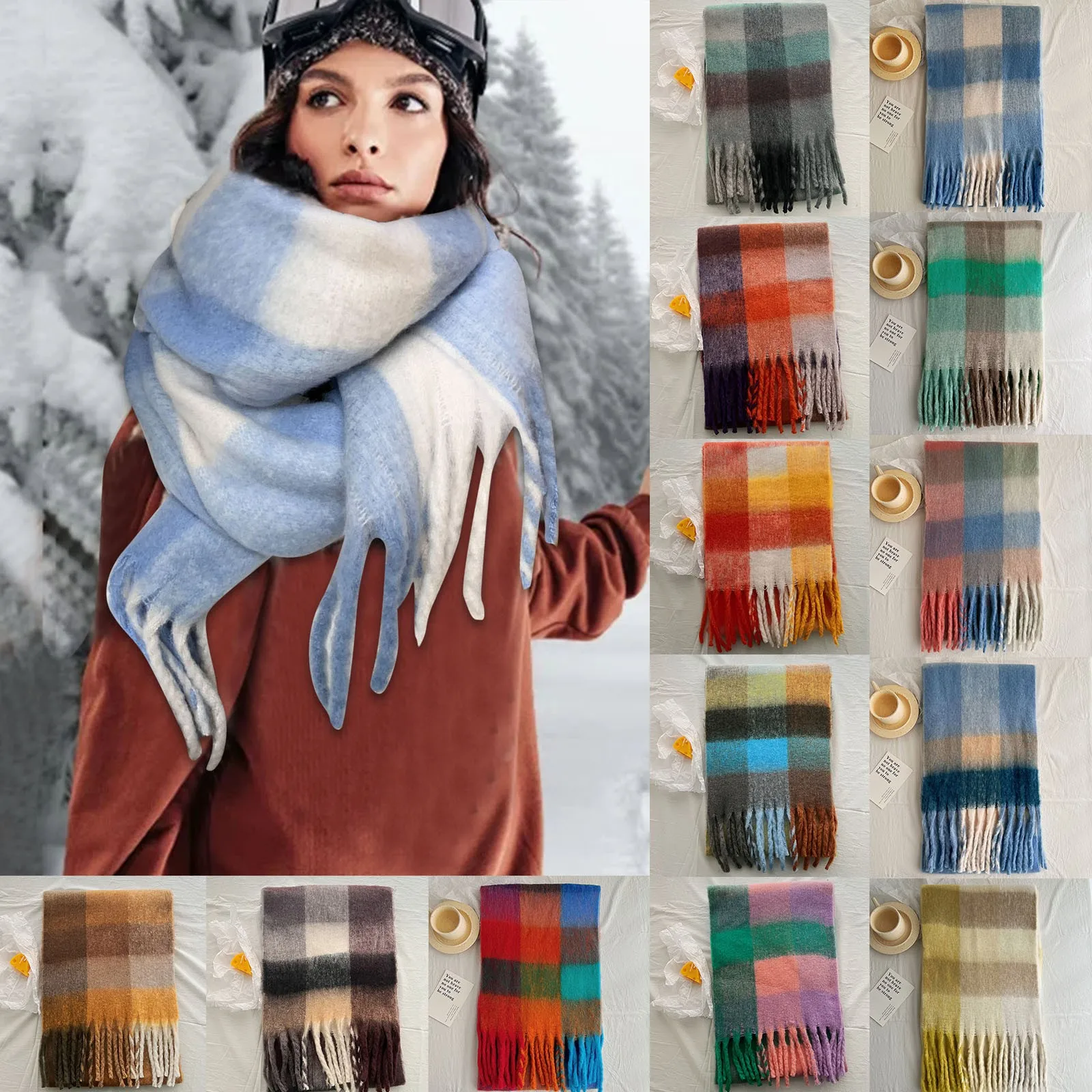 Women Fall Winter Scarf Classic Tassel color clash Plaid Scarf Warm Soft Chunky Large Blanket Wrap Shawl Scarves Advent Scarves