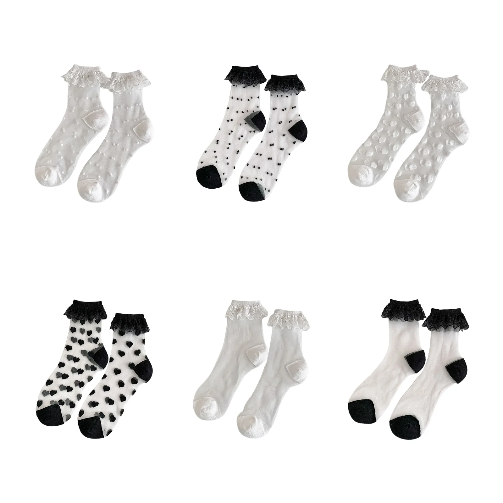 

6 пар чулок Love Glass: белые в горошек/черные в горошек/белые с надписью Love/черные с надписью Love/чисто белые/чисто черные