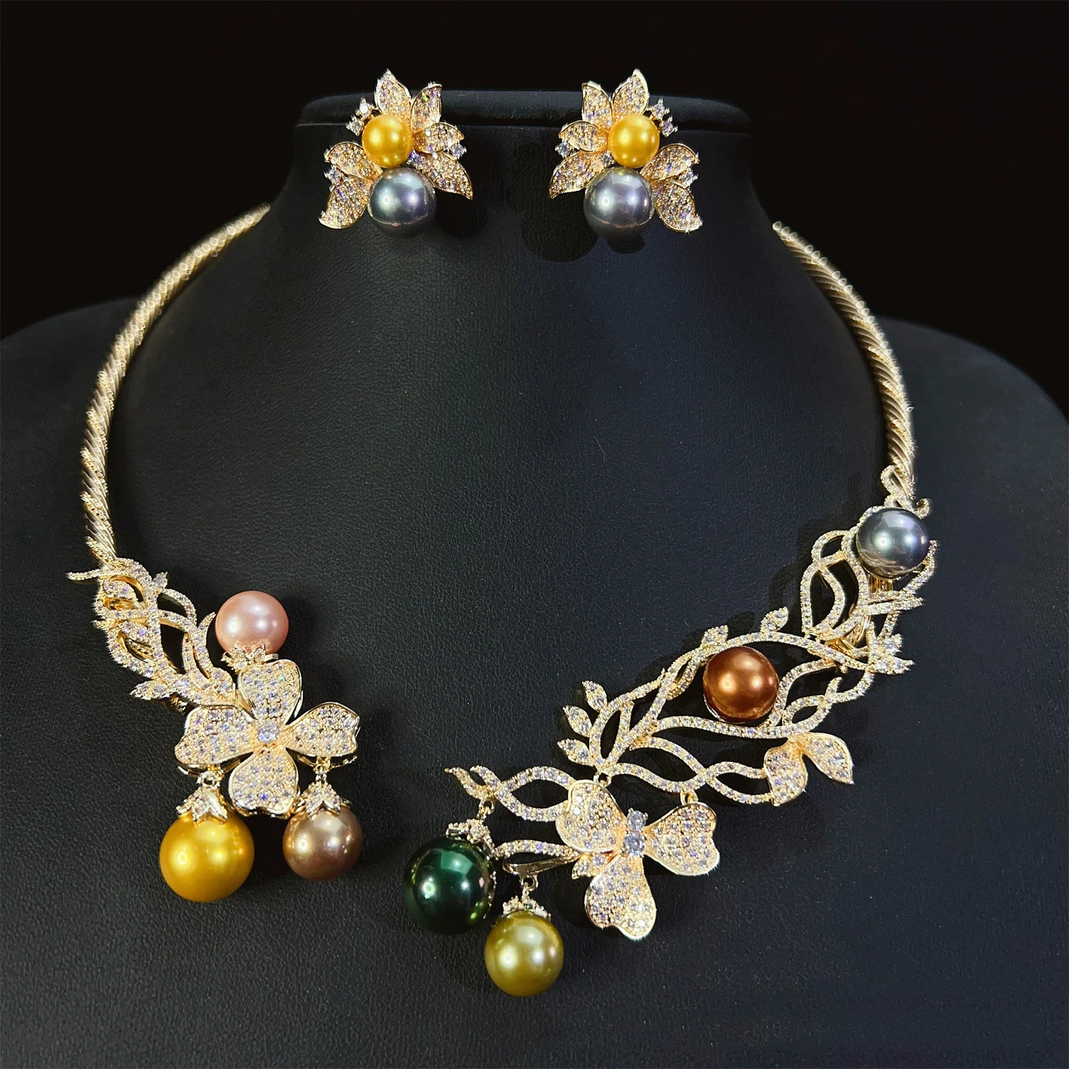 

wedding bride jewelry sets flower necklace earrings shiny zirconia pearls opened necklace dinner party jewelry women gift