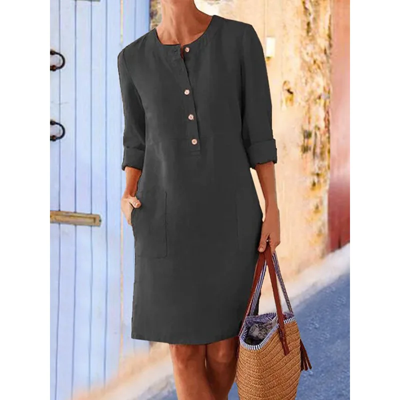 Women Casual Soild Long Sleeve Cotton And Linen Tunic Dress Vintage Straight Dress Long Sleeve Oversized Mini Knee-Length Dress