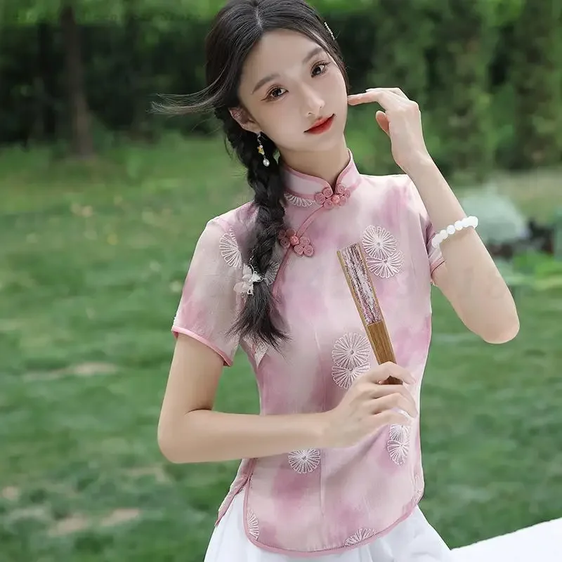

Vintage Chinese Style Qipao Top Elegant Tang Clothes Women Short Sleeve Mandarin Collar Cheongsam Shirt Traditional Hanfu