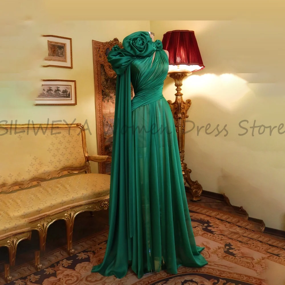 

Luxury Emerald Green Formal Gown Unique One Shoulder Floral Design Flowing Chiffon Ideal for Gala Wedding and High End Evening