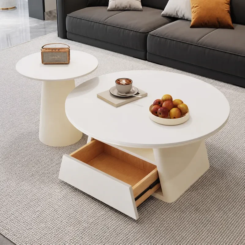 Cream Simple Small Coffee Table Rotating Mobile Floor Table for Living Room Small Apartment Modern Minimalist Side Table