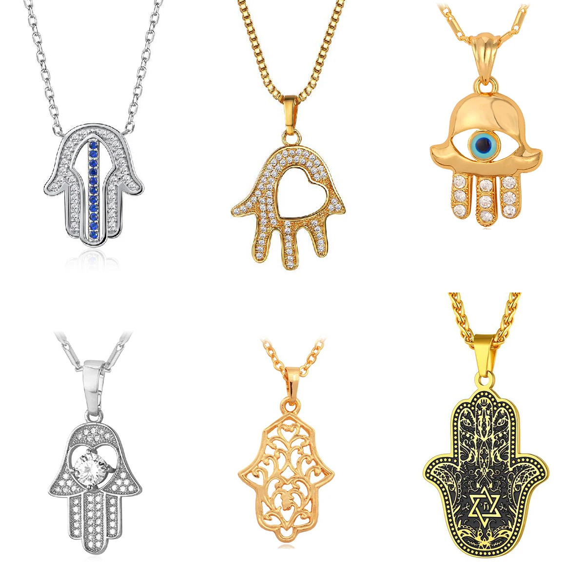 U7 hmsa יד שרשראות יוניסקס לב עין הרע לבן כחול cz סלול בסגנון וינטג נשים גברים מזל הגנה סמל תכשיטים qc24