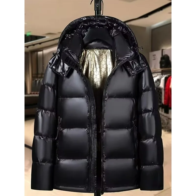 

Plus Size Men Parkas Puffer Jackets Bubble Padded Clothes Solid Detachable Hat Warm Black Waterproof Jackets Man Down Coats