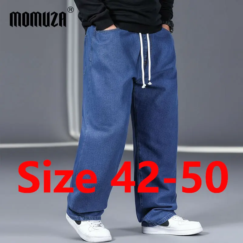 

Мужские весенне-осенние джинсы больших размеров, 100-150 кг, хлопковые свободные брюки с завязками на талии, 44 46 48 50, черные, синие брюки, мужская одежда