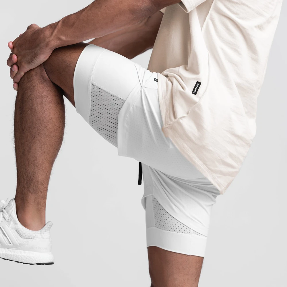 Calções de ginástica de camada dupla masculino com bolsos, branco, respirável, secagem rápida, casual, corrida, corrida, rua, bolsos