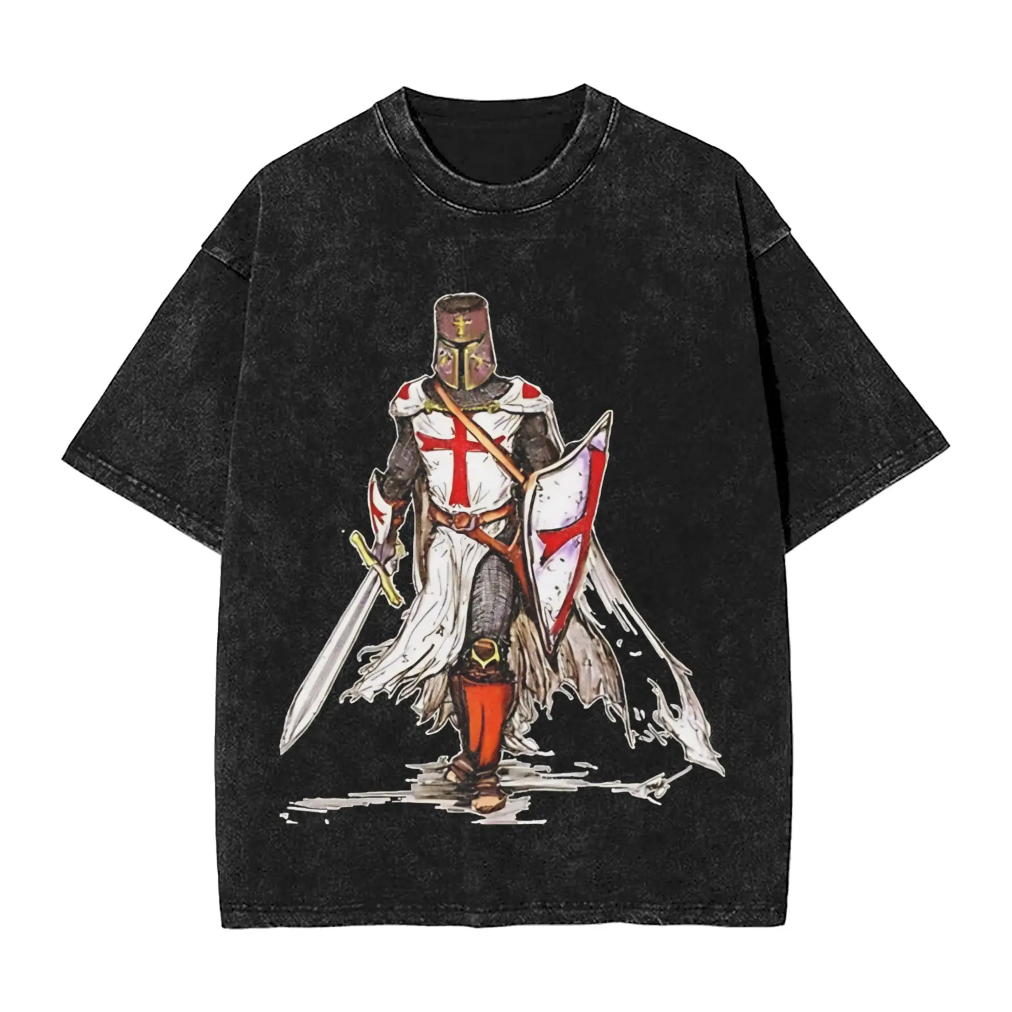 Deus Vult - The Templar Knight Washed T Shirts Streetwear Hip Hop Novelty T-Shirt  Tee Shirt for Men Women Cotton Harajuku