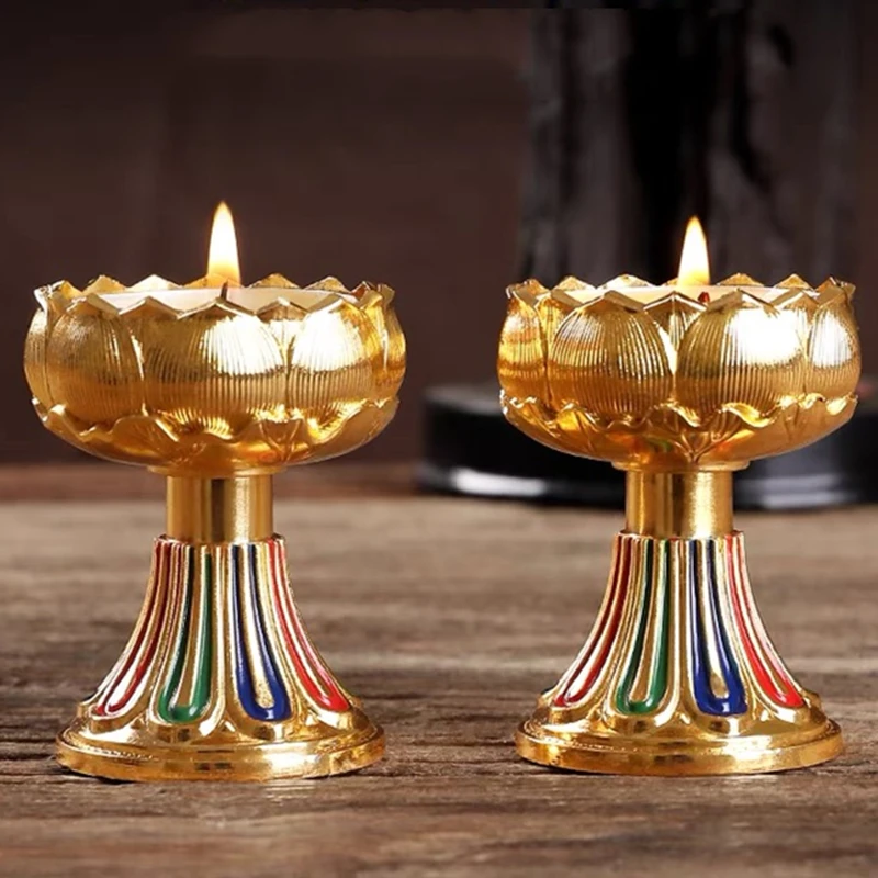 Engraved Painted Buddhist Candlestick Alloy Lotus Flower Golden Candle Holder Tibetan High Foot Lamp Altars Indoor Decorative