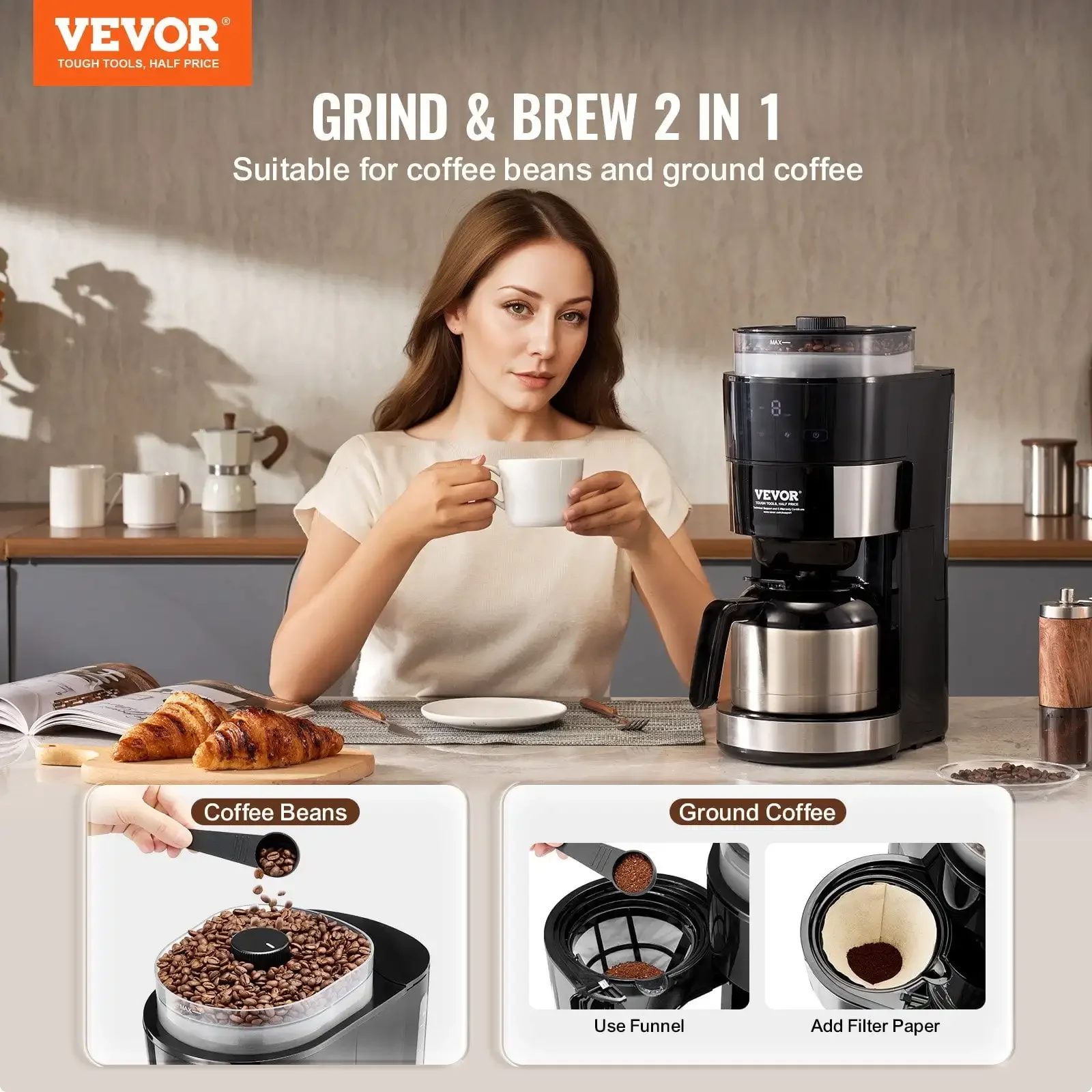 8-Cup Coffee Maker Drip Coffee Machine with 3 Brew Strength Control