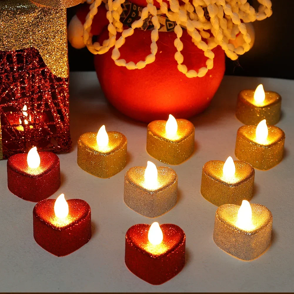 3/6Pcs Glitter Love Heart LED Candles Battery Operated Tea Lights Flameless Candles Valentine's Day Wedding Party Decoration