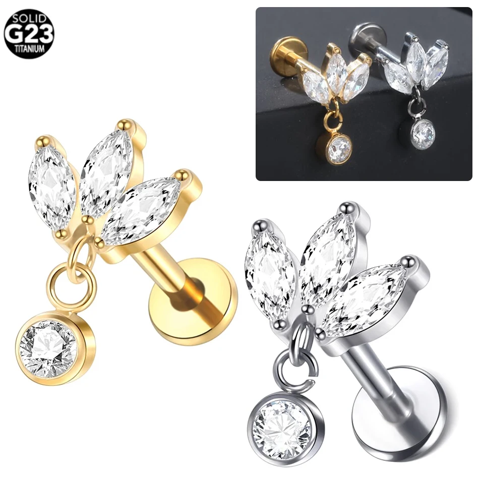 G23 Titanium Labret Monroe Lip Rings Piercing Zirconia Pendant Ear Cartilage Tragus Lobe Helix Piercing Women Body Jewelry 16G