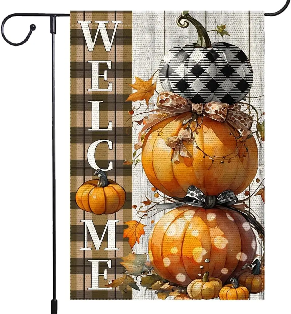 Fall Pumpkins Garden Flag 12x18 Inch Polka Dots Small Double Sided For Outside Thanksgiving Burlap Plaid Bowknot Welcome Yard Au