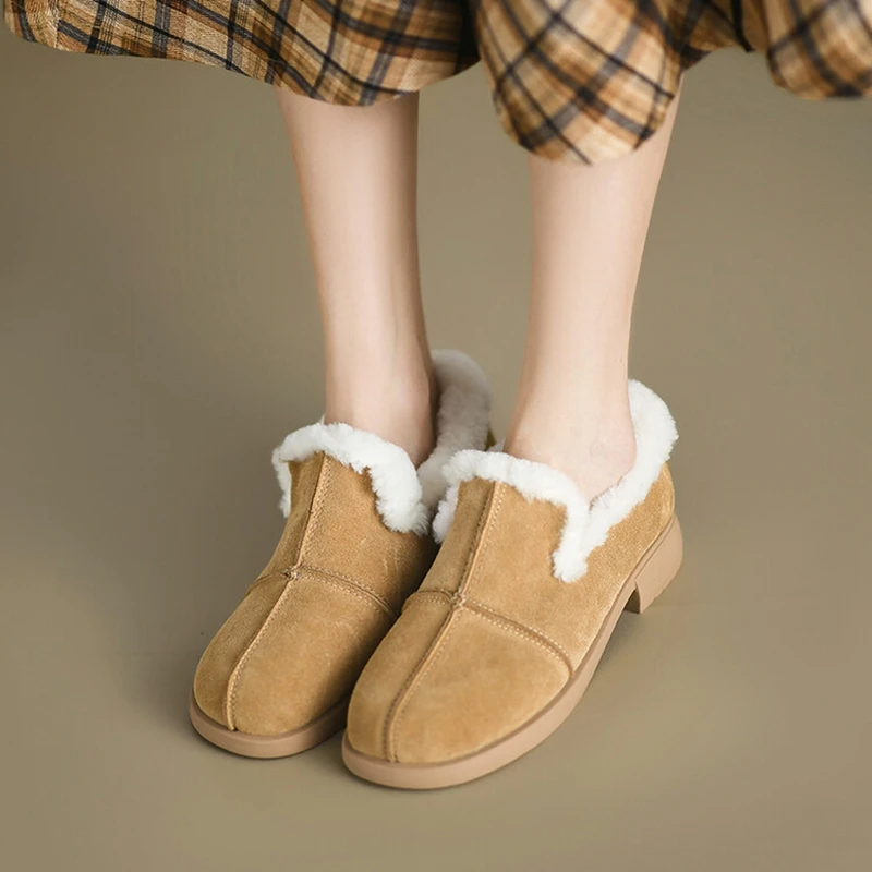 NEW Winter Women Pumps Cow Suede Leather Shoes for Women Round Toe Low Heel Shoes Slip-on Wool Women Loafers Concise Soft Shoes