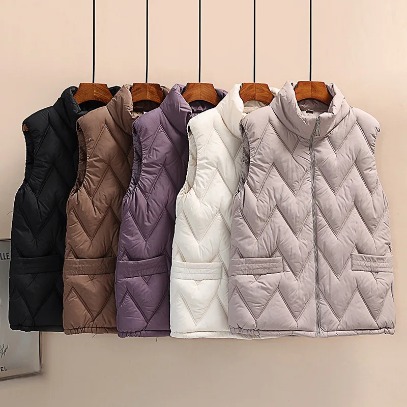 

New Down Cotton Women's Lightweight Short Waistcoat Jacket 2024 Korean Stand Collar Sleeveless Coat Solid Casual Vest Female Top