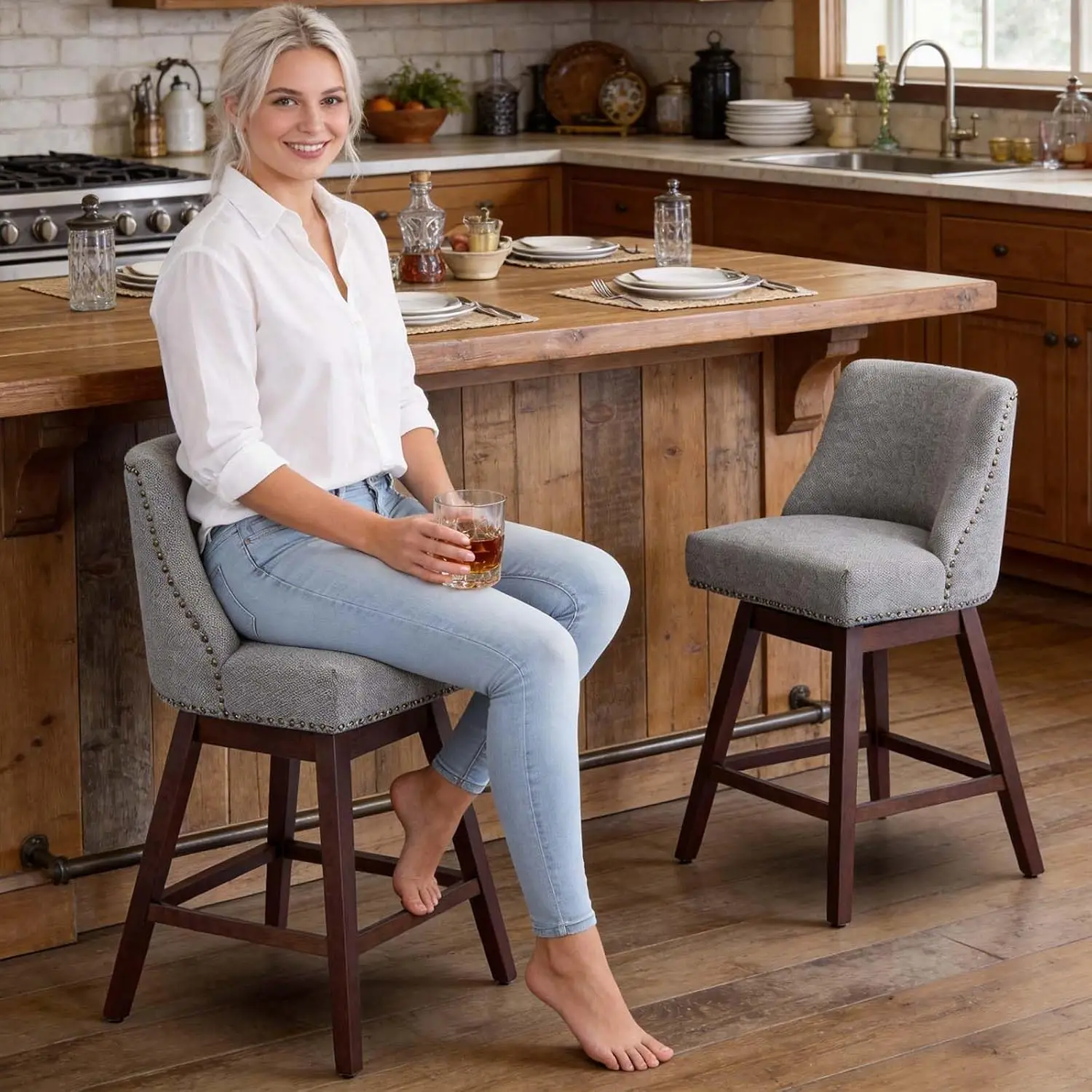 Swivel Bar Stools Set 2, 26 Inch Kitchen Island Chair with Back, Mid-Century Modern Solid Wood, 350lbs Heavy Duty, Grey Linen &