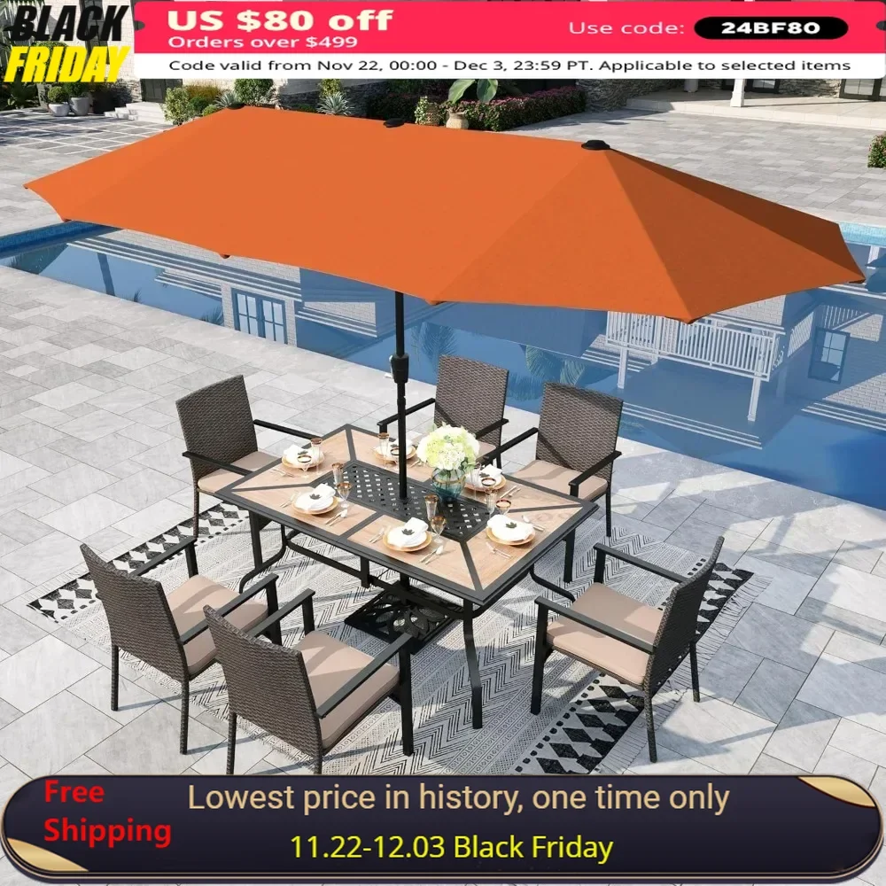 

7 Pieces Outdoor Patio Dining Set, with 13ft Umbrella for 6 People, Patio Table ,Cushioned Rattan Chairs,Garden Furniture Sets