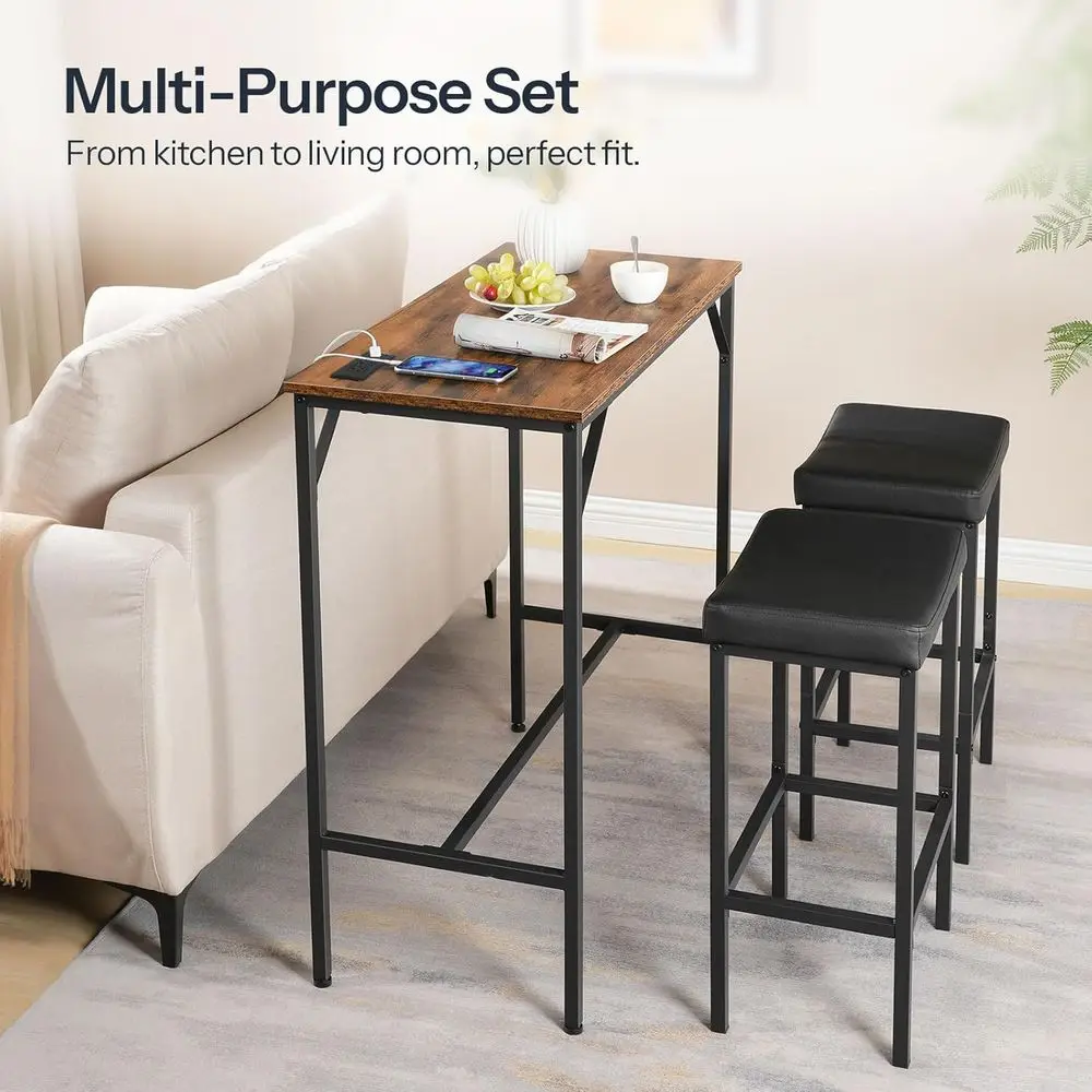 Set tavolo da bar rustico 39,4 con piano alto con 3 sedie e stazione di ricarica per cucina, colazione, piccoli spazi