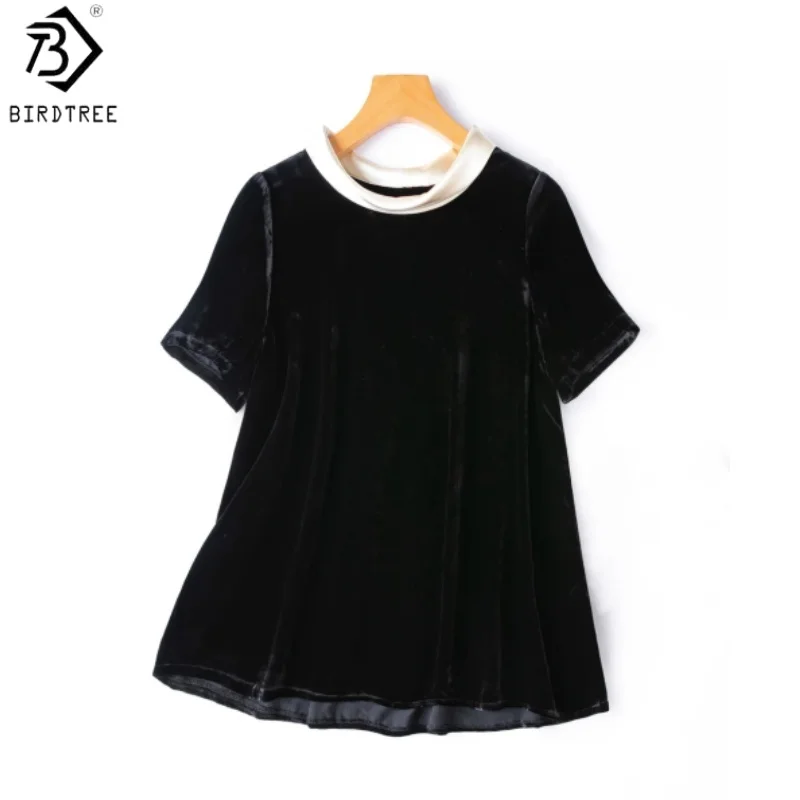Birdtree, Silk Retro Tshirt, Lapel Neck Short Sleeve Tops, Women's Velvet Elegant Shirt, French Style, 2026 Autumn New T68226JF