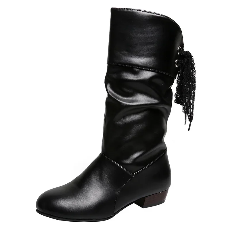 Plus Size 35-43 Dames Middenkuitlaarzen Terug Veterschoenen Lage hakken Winterschoenen Zwart Botines Wit Botas Mujer Vrouwelijke Sneeuwlaars Rood