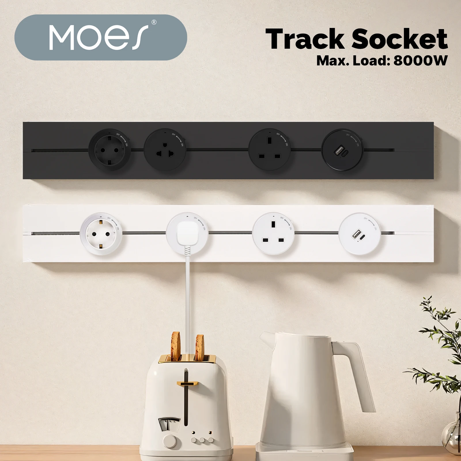 MOES Wall Power Track Socket Movable Guide Slide Rail Desk Home Kitchen Office Electric Plug Adapter EU UK USB Type-C Universal
