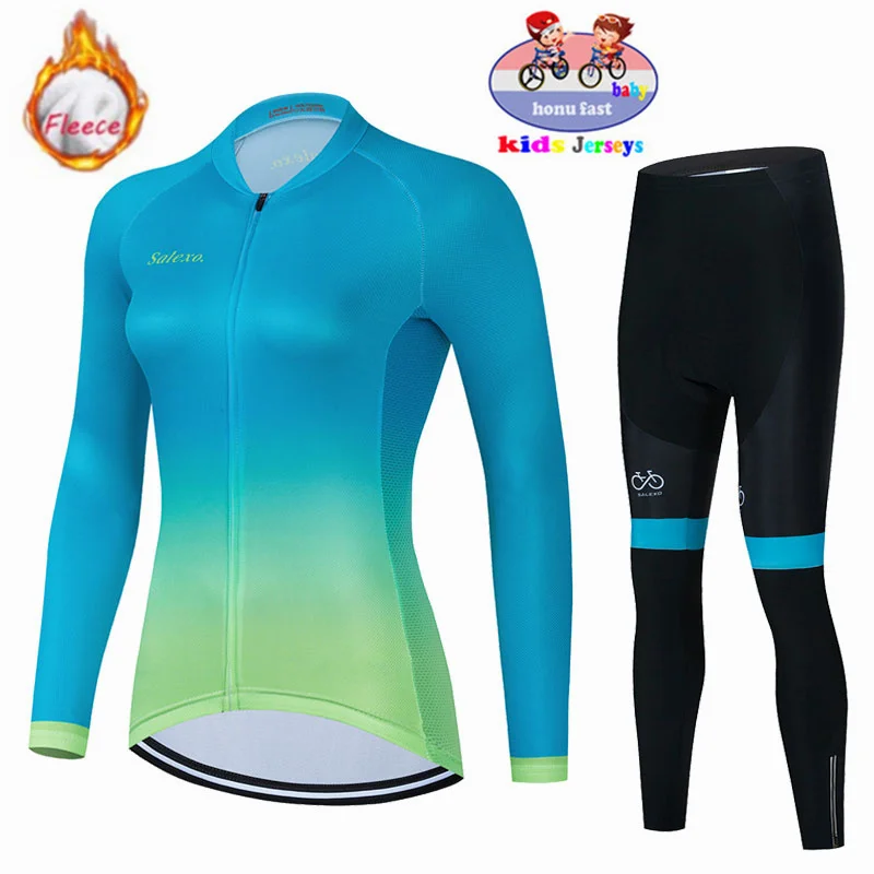 New 2023 Kids Winter Thermal Fleece Cycling Jersey Set MTB Bicycle Girl Cycling Clothes Warm Bike Children Cycling Clothing Suit