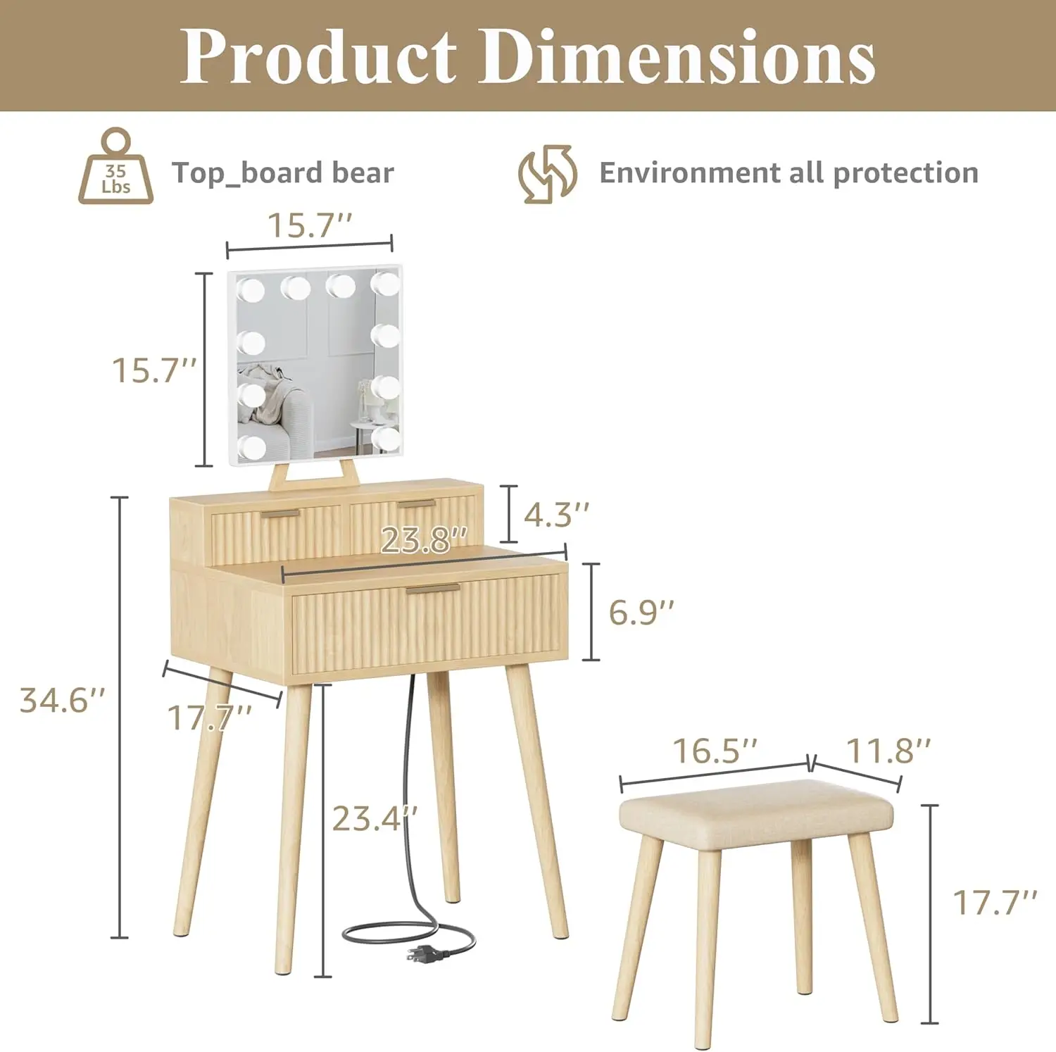 Bedroom Use, Wood Material, Compact Vanity Desk with Hollywood Mirror, Lights, Drawers, and Outlet view 3
