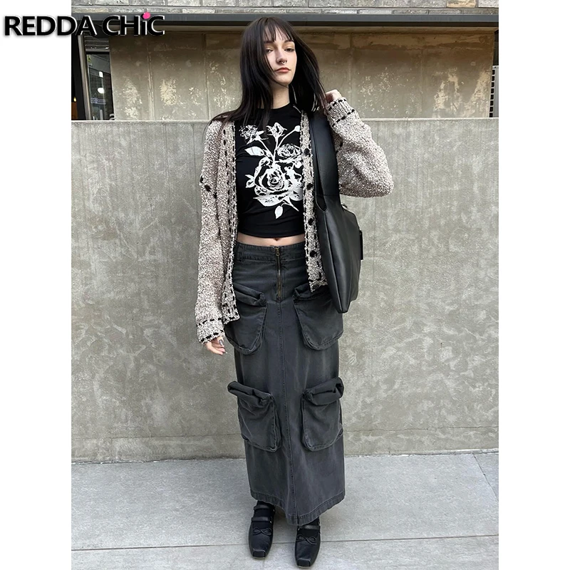 

REDDACHiC Distressed Cargo Skirt with Zipper Slit Women Retro Gray Denim Multi-pocket Long Jeans Skirt Harajuku Alt Techwear