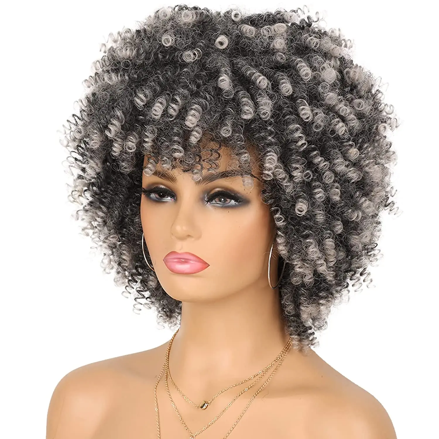 10Inch Afro Curly Synthetic Wig with Bangs for Black Women Glueless Wear Afro Kinky Curly Synthetic Wig Heat Resistant Wigs