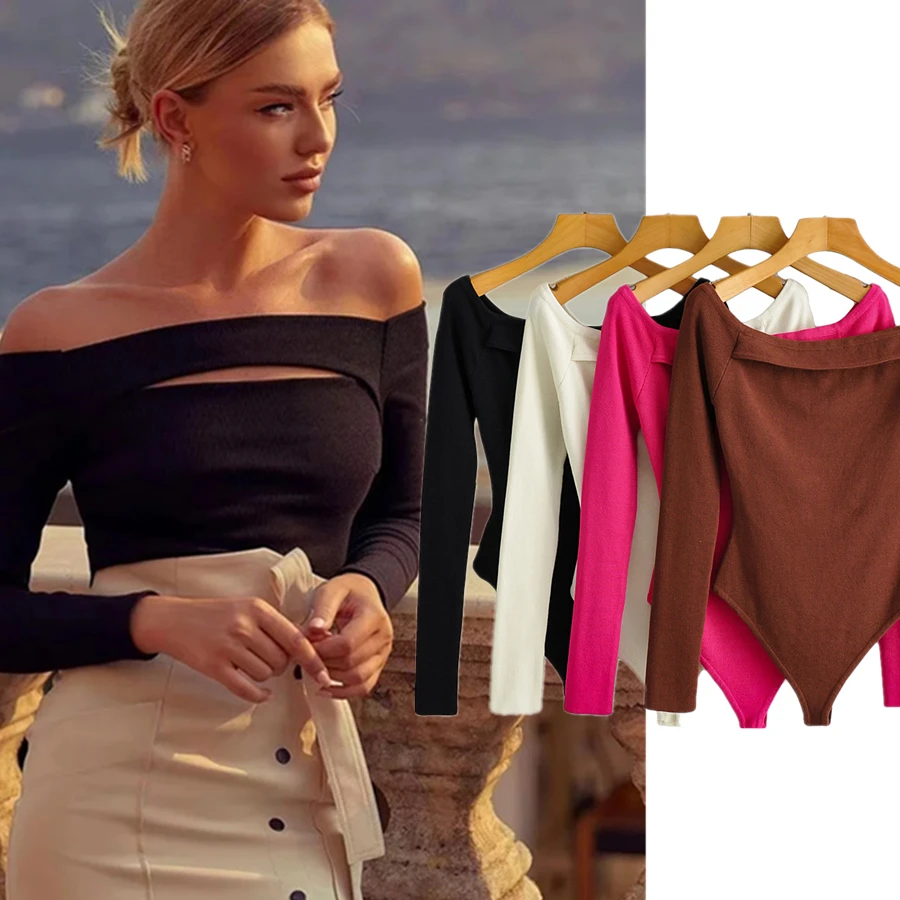 

Withered France Style Vintage Off Shoulder Hollow Out Sexy Office Lady Simple Fashion Knitted Bodysuits Women Tops