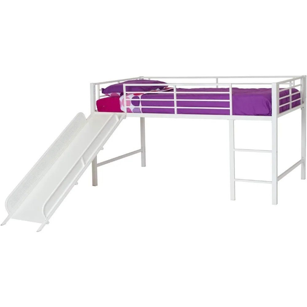 Junior Twin Metal Loft Bed with Slide, Multifunctional Design, White with White Slide