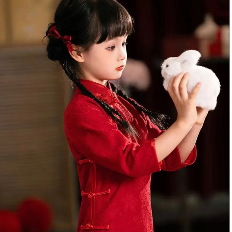 

Юбка Cheongsam в стиле ретро для девочек, детское весенне-осеннее новое китайское улучшенное платье Hanfu Qipao, красное детское платье для выступлений LI979