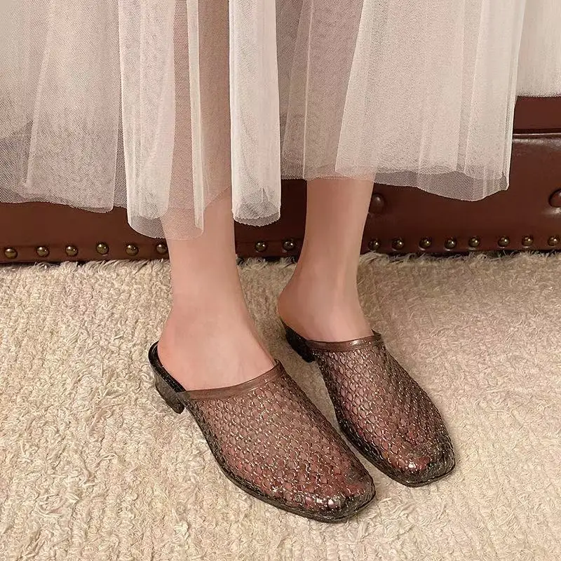 2026 Pantoufles à talons bas en cristal pour femmes, sabots d'été antidérapants, pantoufles décontractées transparentes pour la maison, pour l'extérieur