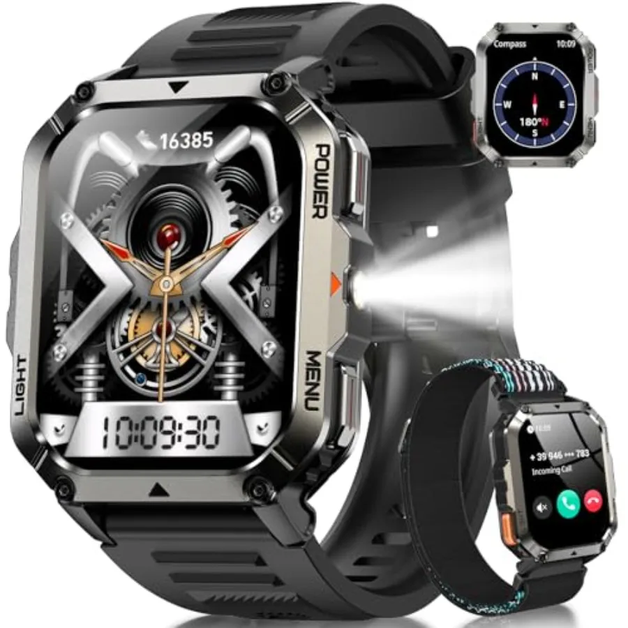 Military Tactical Smart Watches for Men, 100-Day Battery Rugged Fitness Watch with Compass and Flashlight, Sports Watch for And