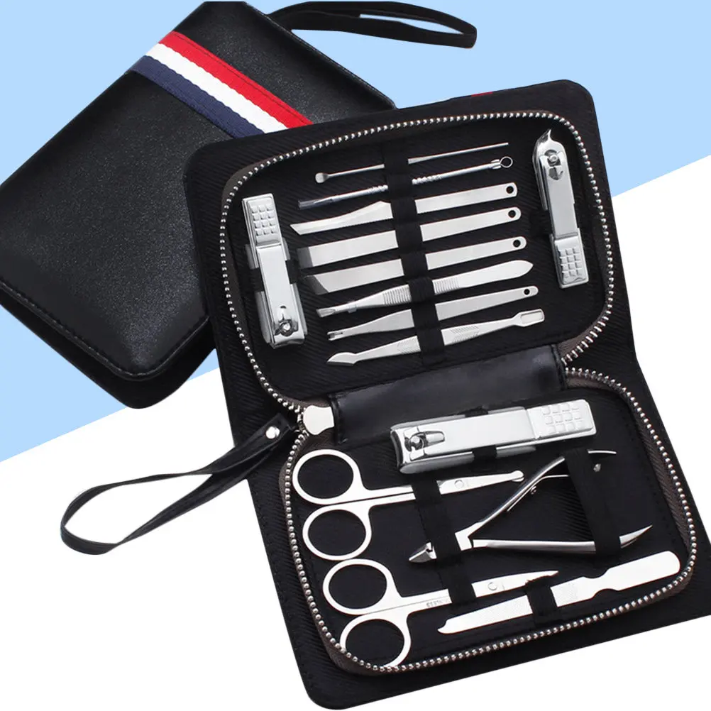 

15Pcs Premium Carbon Steel Manicure Set Nail Care Kit Pedicure Grooming Tools with PU Case Deeply Polished Edges Multi Use