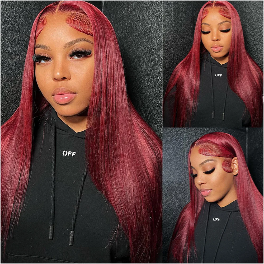 28 32 36 بوصة 99J الملونة الدانتيل الجبهة باروكة من شعر طبيعي مستقيم بورجوندي 13x6 HD الدانتيل الشفاف الباروكات الأمامية شعر مستعار أحمر للنساء