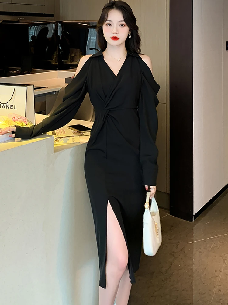 2024 White Chic Off Shoulder Sexy Club Midi Dress Spring Summer Luxury Casual Dresses Spring Autumn Black  Vintage Hepburn Dress