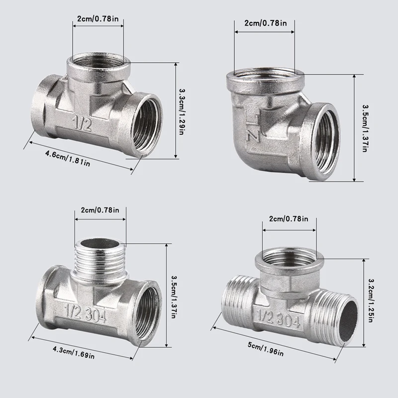 1.27 cm external thread three-way fitting, 3-way T-shaped fitting, 304 stainless steel NPT cast pipe fitting