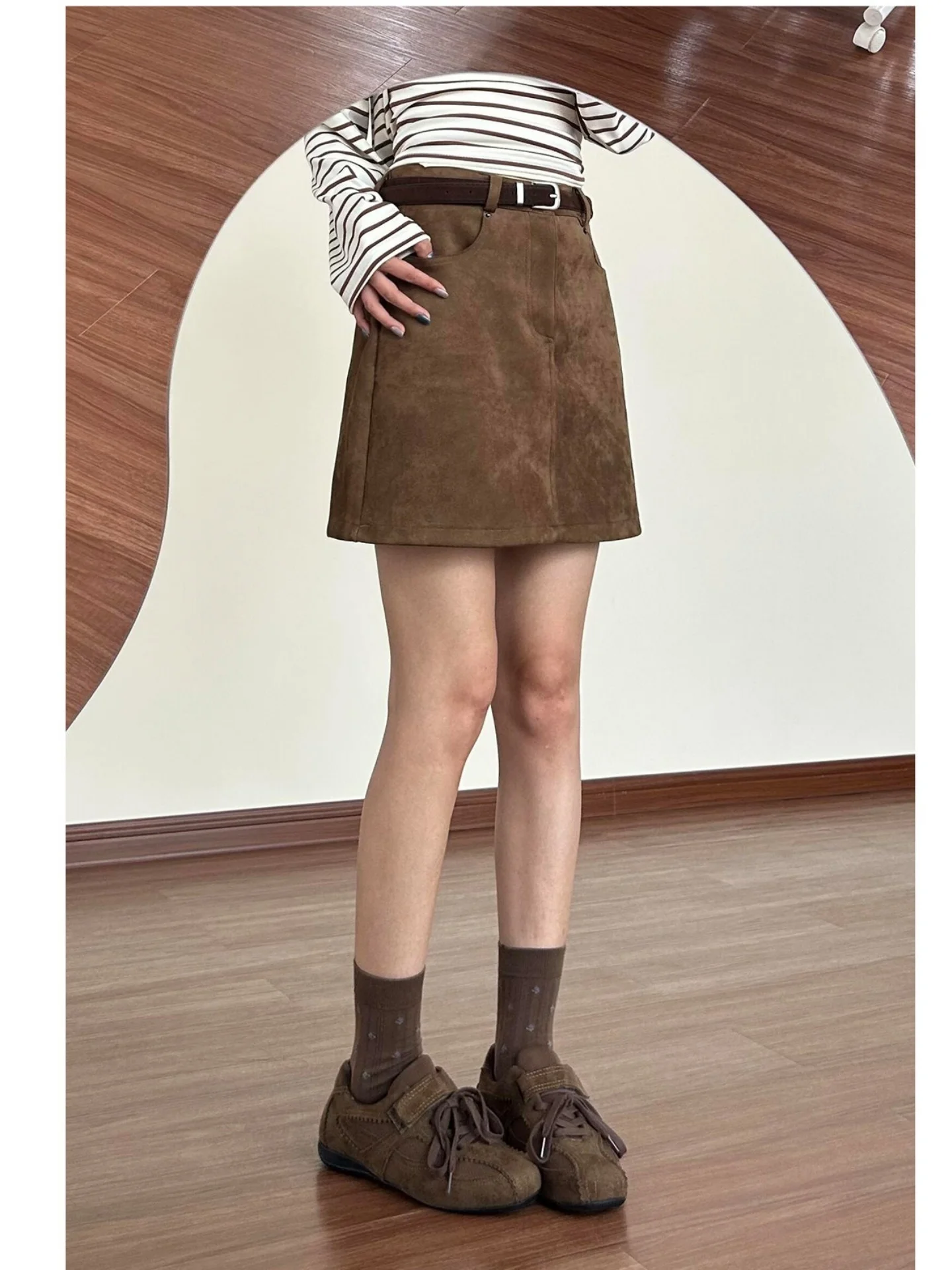High Waist Faux Suede  Skirt Women's A-Line Short Skirt Slimming Retro Style Teen Girls' Fashionable Butt Covering Skirt