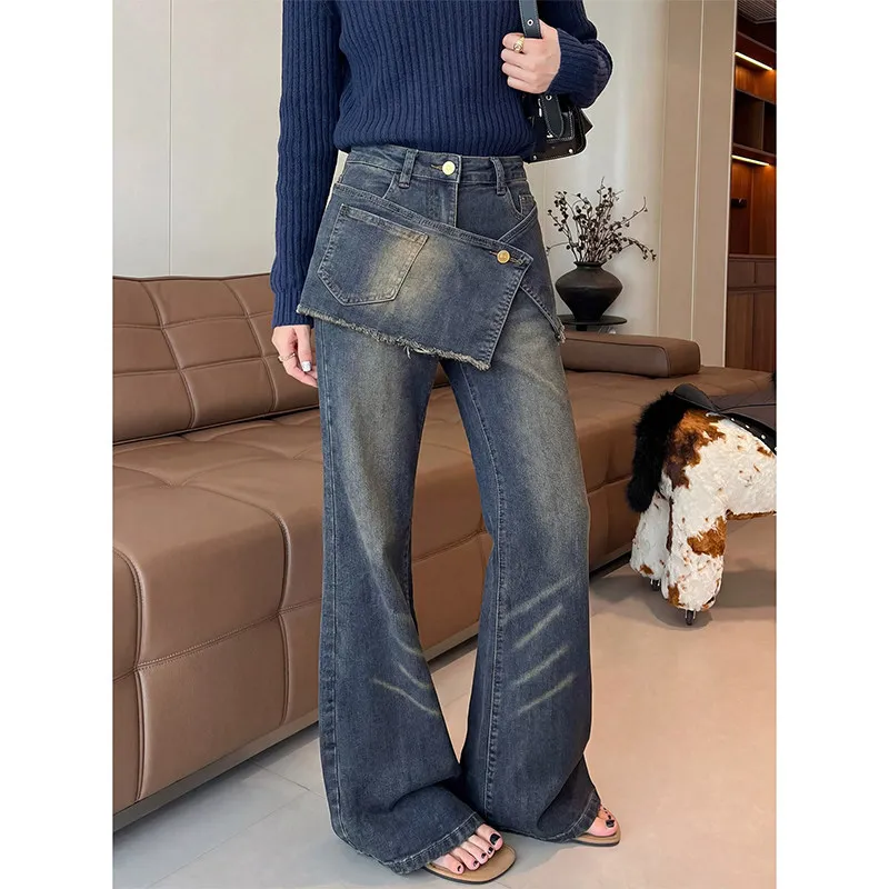 

High Waist Wide Leg Jeans Women's Straight Cut Retro Design Slimming Effect Spring 2026 plus Size Denim Trousers