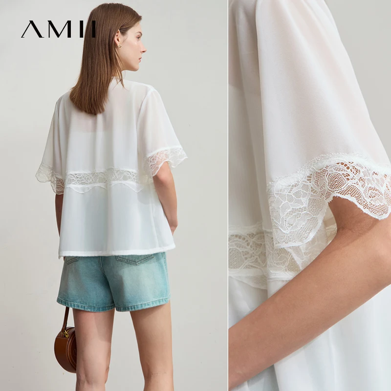 Amii Minimalistisches Beige-Chiffon-Hemd für Damen, 2025, Sommer, neue Bürodame, lässig, V-Ausschnitt, Spitze, einfarbig, elegantes Feen-Top 12522146