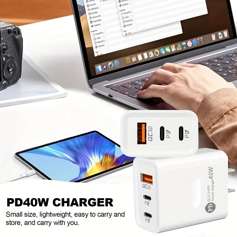 2PCS PD Fast Charger 3Ports US EU Plug 40W Wall Charger Adapter For iPhone 16 15 Xiaomi Samsung USB Type C Laptop Phone Charger