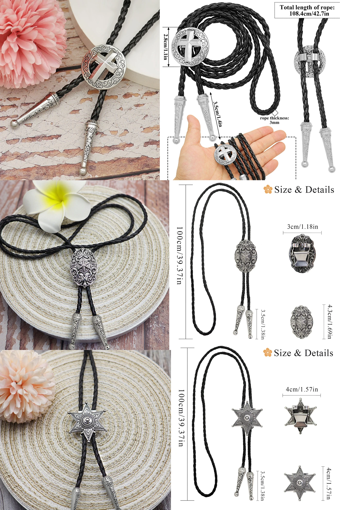 Vintage Leder Seil Bolo Krawatte für Männer Frauen Western Cowboy Krawatte Balo Krawatte Bull Kreuz Kreuz Stern Anhänger Mode Halskette – Detail 2