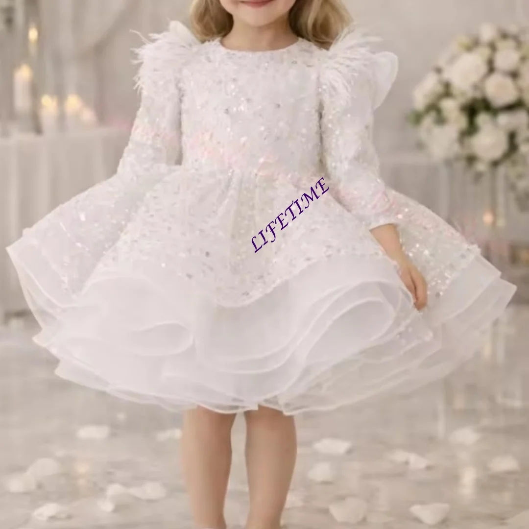 Maßgeschneidertes Rosa Blumenmädchenkleid mit Tüll, Pailletten, Langen Ärmeln und Schleife für Hochzeit, Geburtstag, Party, Festzug, Bankett, Prinzessinnenkleider
