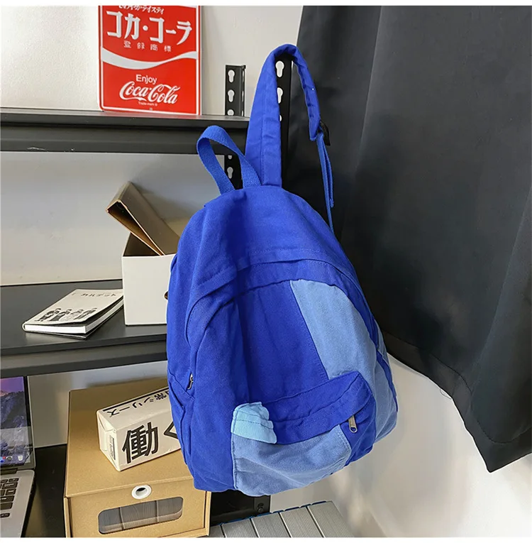Contrast Color Block Canvas Backpack Large Capacity Casual School Travel Rucksack for Student Daily Use