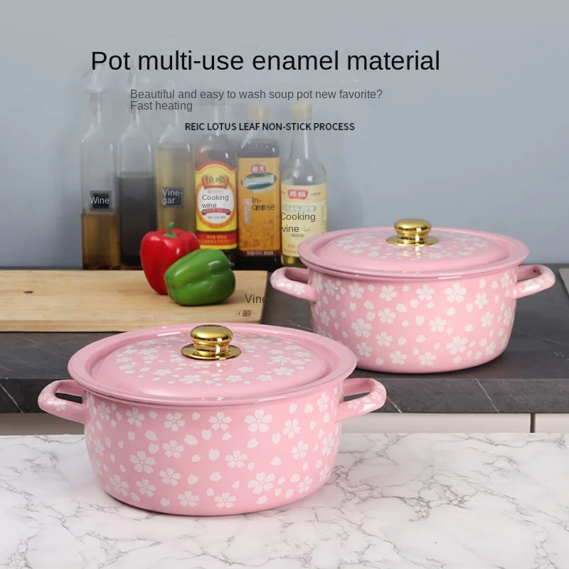 Olla para estofado de esmalte de borde enrollado grueso, olla nostálgica para sopa de porcelana de hierro, diseño de doble oreja para cocina de Gas e inducción