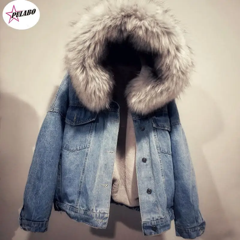 PULABO Jeans Jacket Women Winter Denim Short Coat Lady Warm Faux Fur Velvet Fluffy Hooded Outwear Casual Jean Trucker Overcoat